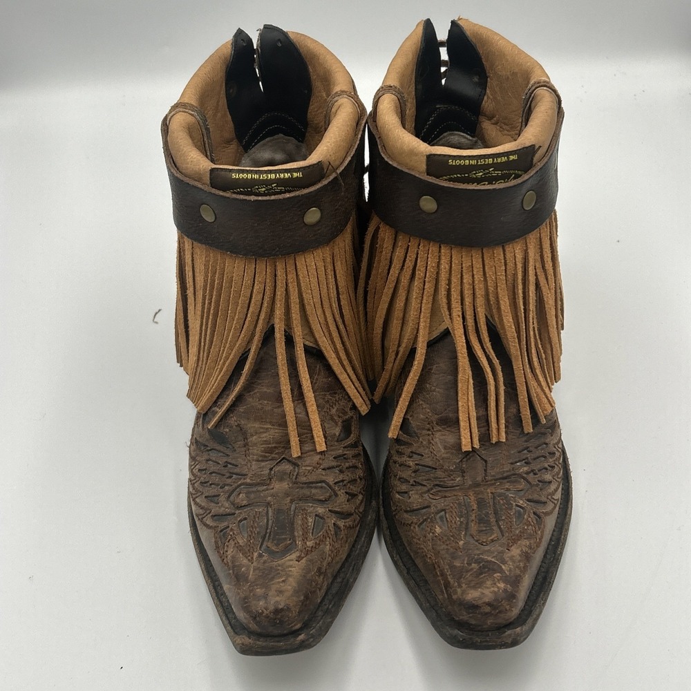 JB Dillion Snip Toe Cross Inlay Fringe Cowgirl Brown Leather Lace Up Western 9B - Picture 5 of 12